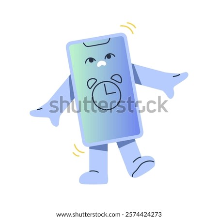 Cute smartphone is shocked by alarm clock on its screen. Mobile phone character with warning bell. Stressed telephone with ringing alert signal. Flat isolated vector illustration on white background