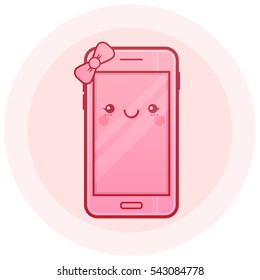 Cute smartphone vector icon. Kawaii cheerful pink mobile. Cartoon childish phone with funny face. Online apps. Modern digital colorful illustration for web.