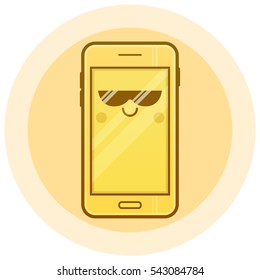 Cute Smartphone Vector Icon. Kawaii Cheerful Yellow Mobile With Sunglasses. Cartoon Phone With Funny Face. Online Apps. Modern Digital Colorful Illustration For Web.