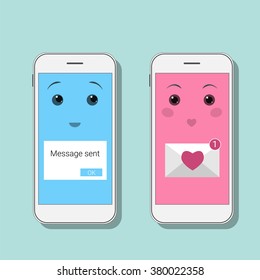 Cute Smartphones with sms messages. Kawaii mobiles in blue and pink colors. Mobile chat, online message, love sms. Valentine's day concept. Vector illustration.