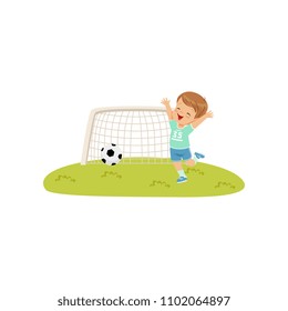 Cute smiing boy threw the ball into the goal, kids physical activity concept vector Illustration on a white background