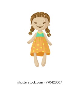 Cute smiing soft doll with braids, sewing toy cartoon vector Illustration