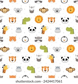 Cute and smile animals heads vector set. Happy seamless print with animals faces character design