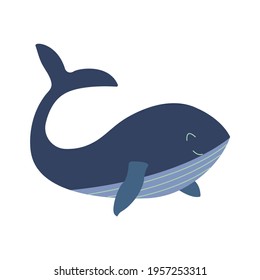 Cute smile blue whale. Colorful vector isolated illustration hand drawn. Wildlife, mammal from ocean