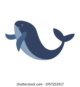 Cute smile blue whale. Colorful vector isolated illustration hand drawn. Wildlife, mammal from ocean
