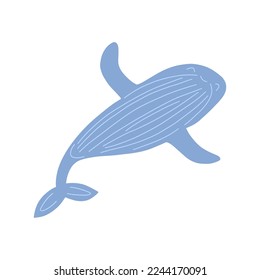 Cute smile blue whale is swimming. Colorful vector isolated illustration hand drawn doodle. Wildlife, mammal large ancient wise animal living in the ocean