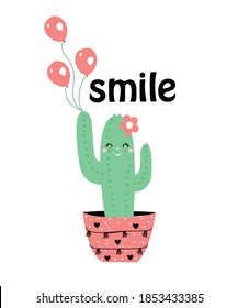 cute smile cactus slogan vector,pink,green,black and ballon,flowers