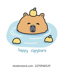 Caliente sonrisa capibara con estadía de limón en japonés onsen agua caliente dibujado a mano. Amigable zoológico animal. Kawaii.Vector.Ilustración.