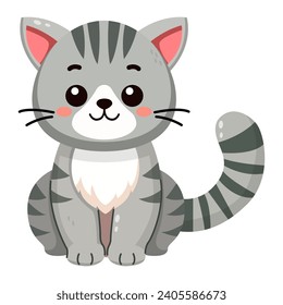 Cute and smile cat, doodle pet friend. Funny adorable cat or fluffy kitten cartoon character design with flat color. Domestic animals sitting. Pet companion friendship. Illustration for sticker, print