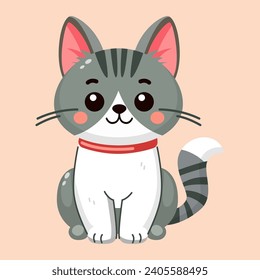 Cute and smile cat, doodle pet friend. Funny adorable cat or fluffy kitten cartoon character design with flat color. Domestic animals sitting. Pet companion friendship. Illustration for sticker, print