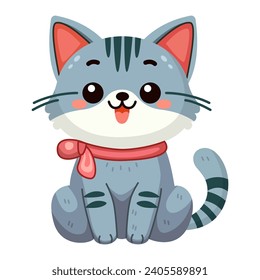 Cute and smile cat, doodle pet friend. Funny adorable cat or fluffy kitten cartoon character design with flat color. Domestic animals sitting. Pet companion friendship. Illustration for sticker, print