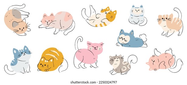 Cute and smile cat doodle vector set. Adorable cat or fluffy kitten character design collection with flat color, different poses on white background. Design illustration for sticker, comic, print. - Shutterstock ID 2250324797