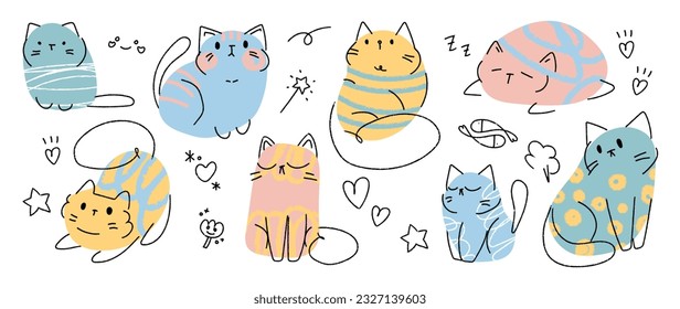Cute and smile cat doodle vector set. Adorable cat or fluffy kitten character design collection with flat color, different poses on white background. Design illustration for sticker, comic, print.