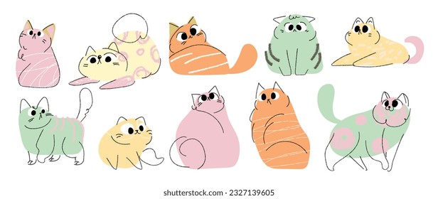 Juego de vectores de garabatos de gatito lindo y sonriente. Colección de diseño de gatos o gatitos mullidos con color plano, diferentes poses sobre fondo blanco. Ilustración de diseño para pegatinas, historietas, imprimir.