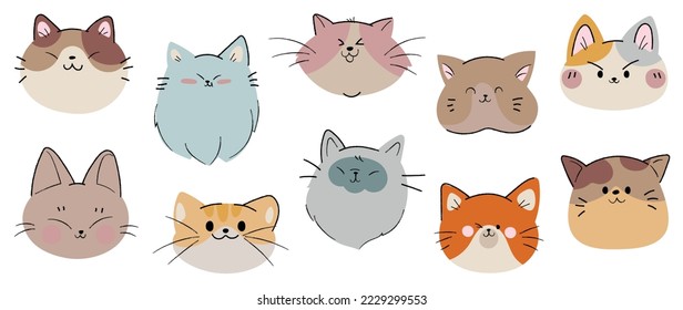 Cabezas de gatos ricas y sonrientes conjunto de vectores de doodle. El gato de dibujos animados o el gatito mullido se enfrenta a la colección de diseño de caracteres con un color plano aislado en el fondo blanco. Ilustración de diseño para pegatinas, historietas, imprimir.