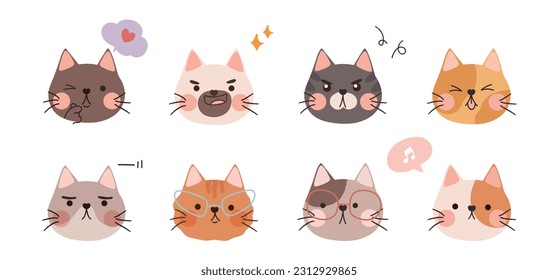 Cute and smile cat heads doodle vector set. Comic happy cat faces character with glasses, speech bubbles, emotion in flat color. Design illustration for sticker, comic, print, cover, decorative.