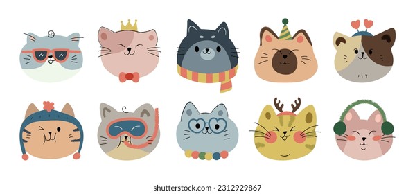 Cute and smile cat heads doodle vector set. Comic happy cat faces character with glasses, crown, different accessories, hat in flat color. Cute pet illustration design for sticker, comic, print.