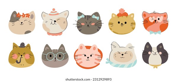 Cute and smile cat heads doodle vector set. Comic happy cat faces character with glasses, crown, different accessories, hat in flat color. Cute pet illustration design for sticker, comic, print.