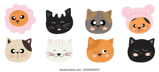 Cute and smile cat heads doodle vector set. Comic happy cat faces character design of different cat breed with flat color isolated on white background. Design illustration for sticker, comic, clipart.