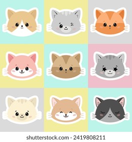 Cute and smile cat heads vector set. Happy seamless print with cat faces character design of different cat 