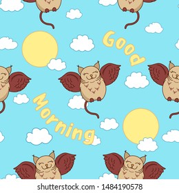 cute smile cat owl fantasy adorable cartoon drawn animal, on blue sky background with sun light and white clouds, editable vector illustration seamless pattern