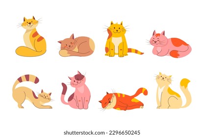 Una sonrisa suave pone el garabato de los gatos. Colección de dibujos animados de razas de gatos en diferentes poses. Gatitos divertidos durmiendo, estirando, sentados, relajándose. Animales de mascota aislados en el fondo blanco