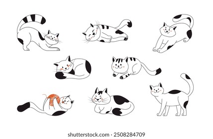 Cute smile cats playing, stretching, sitting, lying, relaxing. Funny purebred kittens in different poses. Pet animals set hand drawn with contour lines on white isolated background