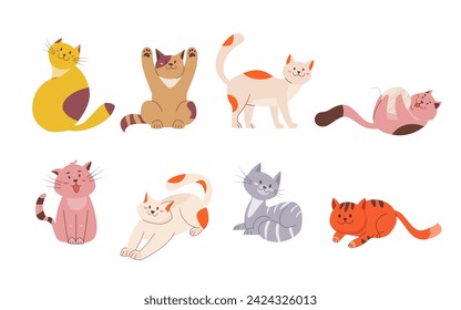 Cute smile cats set. Cartoon design collection of cat breeds in different poses. Funny kittens playing, stretching, sitting, relaxing. Pet animals isolated on white background