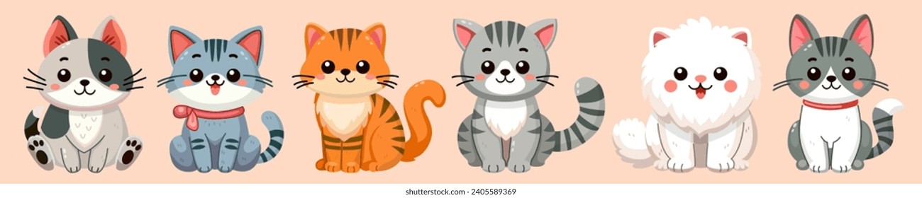 Cute and smile cats set, doodle pets friends. Collection of funny adorable cats or fluffy kittens cartoon character design with flat color. Pets companions friendship. Illustration for sticker, print.