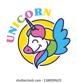 Cute smile colorful unicorn with wings like rainbow for kids print sticker t shirt sweatshirt poster for trendy accessories. Modern vector style illustration mascot logo.