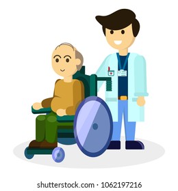 Cute smile doctor, sweet grandfather in carriage rejoice. Medical assistance social support. Case sick patient. Modern flat vector image isolated on white background. Nursing home illustration