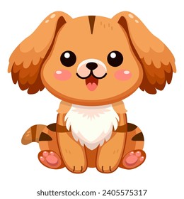 Perro lindo y sonriente, amigo de mascotas. Divertido perro adorable o flauta caricatura de cachorro diseño con color plano. Animales domésticos sentados. Amistad con mascotas. Ilustración para pegatinas, imprimir