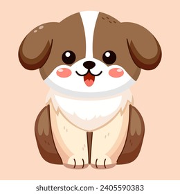 Cute and smile dog, doodle pet friend. Funny adorable dog or fluffy puppy cartoon character design with flat color. Domestic animals sitting. Pet companion friendship. Illustration for sticker, print