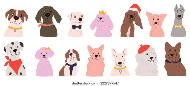 Cute and smile dog doodle vector set. Comic happy dog faces of dalmatian, pug, poodle, beagle with flat color, bow, christmas hat, scarf isolated on white background. Design for sticker, comic, print.
