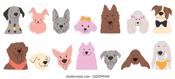 Cute and smile dog doodle vector set. Comic happy dog faces design of dalmatian, poodle, dachshund, bulldog with flat color, bow, scarf isolated on white background. Design for sticker, comic, print.