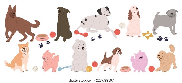 Cute and smile dog doodle vector set. Comic happy dogs design collection of pug, dalmatian, shiba playing balls, bones, toys isolated on white background. Design for sticker, cartoon, print, card.