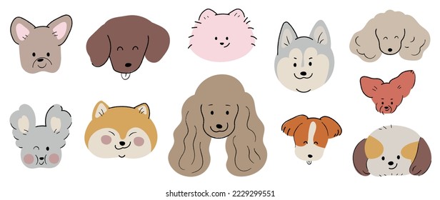 Cabeza de perro de sonrisa y lindo conjunto de vectores de doodle. Cómico perro feliz se enfrenta a un diseño de carácter de husky, caniche, shiba de color plano aislado en el fondo blanco. Ilustración de diseño para pegatinas, historietas, imprimir.