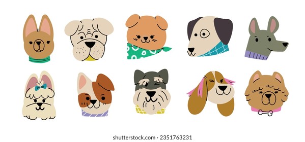 Cute and smile dog heads doodle vector set. Comic happy dog faces character design of chihuahua, corgi with flat color isolated on white background. Design illustration for sticker, comic, print.