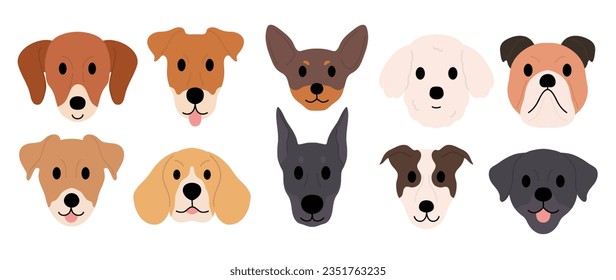 Cute and smile dog heads doodle vector set. Comic happy dog faces character design of bulldog, beagle, poodle with flat color isolated on white background. Design illustration for sticker, comic.