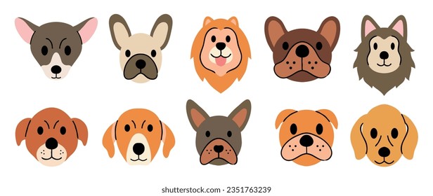 Cute and smile dog heads doodle vector set. Comic happy dog faces character design of bulldog, lion, wolf with flat color isolated on white background. Design illustration for sticker, comic, print.