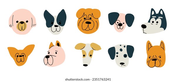 Cute and smile dog heads doodle vector set. Comic happy dog faces character design of husky, bulldog with flat color isolated on white background. Design illustration for sticker, comic, print.