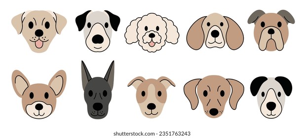 Cute and smile dog heads doodle vector set. Comic happy dog faces character design of bulldog, chihuahua, poodle with flat color isolated on white background. Design illustration for sticker, comic.