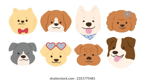 Cabeza de perro de sonrisa y lindo conjunto de vectores de doodle. Cómico perro feliz se enfrenta al diseño de carácter de labrador, caniche, beagle de color plano aislado en fondo blanco. Ilustración de diseño para pegatinas, cómic.