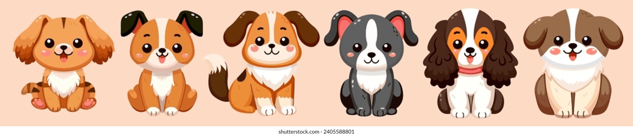 Perros de sonrisa, amigos mascotas de garabatos. Colección de adorables perros graciosos o diseño de dibujos animados de esponjoso cachorro de color plano. Amistad de mascotas. Ilustración para pegatinas, imprimir.