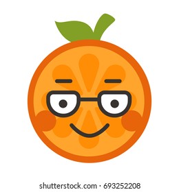 Cute smile emoji wearing glasses. Smiley smart orange fruit emoji with glasses. Vector flat design emoticon icon isolated on white background.