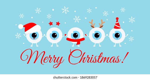 Cute smile eyeball with xmas accessories on Merry Christmas greeting card. White happy winter eye character in santa hat with deer horns photo props. Flat design cartoon style vector illustration.
