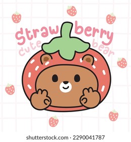 Cute smile face bear wear strawberry hat costume on white background.Strawberry fruit pastel.Wild animal character cartoon design.Kawaii.Vector.Illustration.