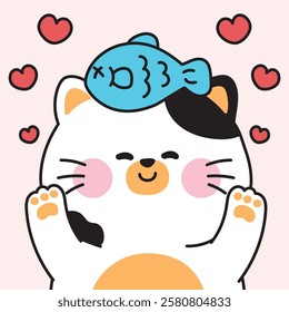 Cute smile face cat with fish and heart.Meow.Kitten.Pet animal character cartoon.Image for card,sticker,baby clothing,print screen.Kawaii.Vector.Illustration.