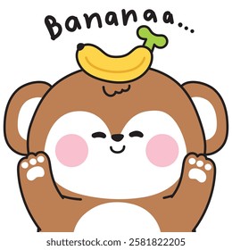 Cute smile face monkey in various poses with banana fruit.Wild animal character cartoon.Image for card,sticker,baby clothing,print screen.Kawaii.Vector.Illustration.