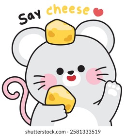 Cute smile face rat greeting with cheese.Mouse.Rodent animal character cartoon.Image for card,sticker,baby clothing,print screen.Kawaii.Vector.Illustration.